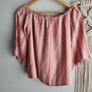 Honey Belle Off Shoulder Blouse Small Coral Pink Stripe 3/4 Sleeve Frayed‎ Hem